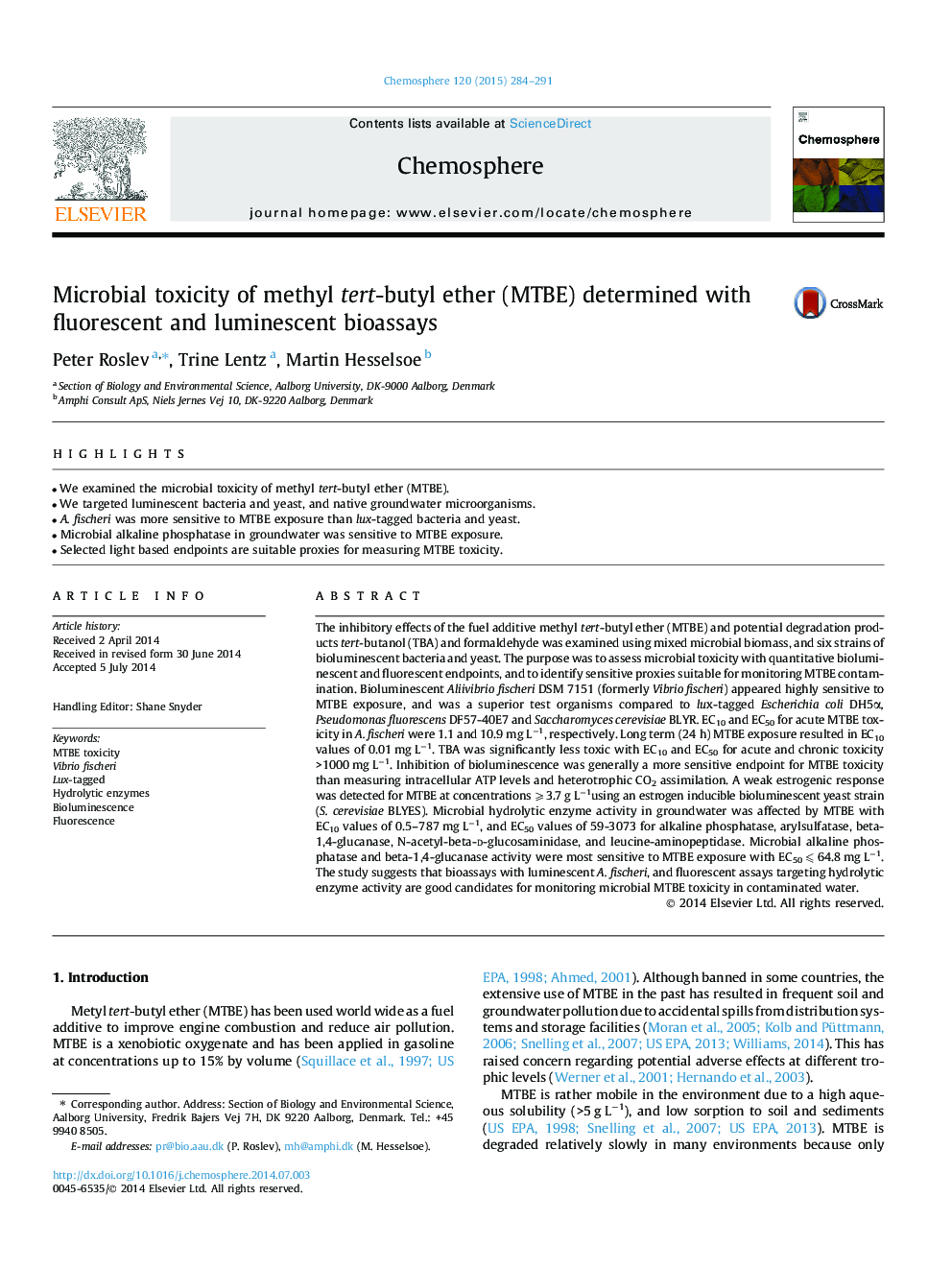 Microbial toxicity of methyl tert-butyl ether (MTBE) determined with fluorescent and luminescent bioassays