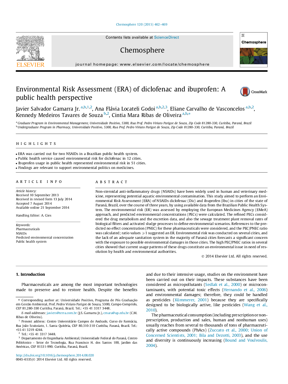 Environmental Risk Assessment (ERA) of diclofenac and ibuprofen: A public health perspective