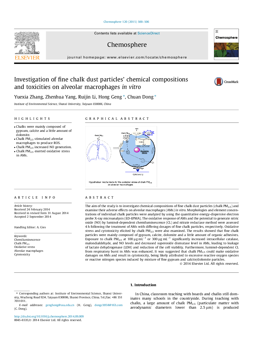 Investigation of fine chalk dust particles' chemical compositions and toxicities on alveolar macrophages in vitro