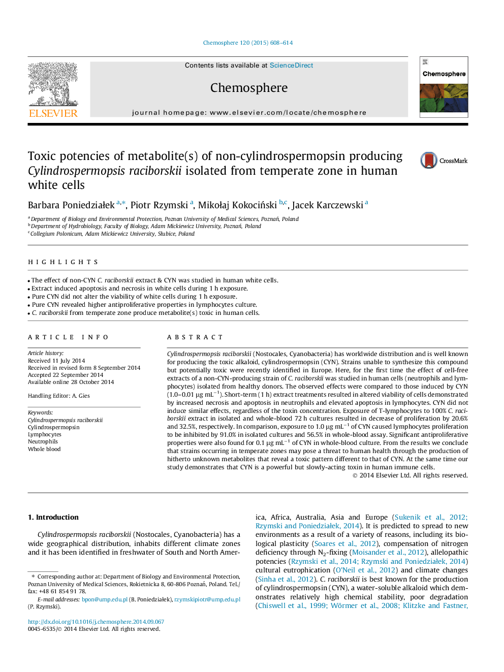 Toxic potencies of metabolite(s) of non-cylindrospermopsin producing Cylindrospermopsis raciborskii isolated from temperate zone in human white cells