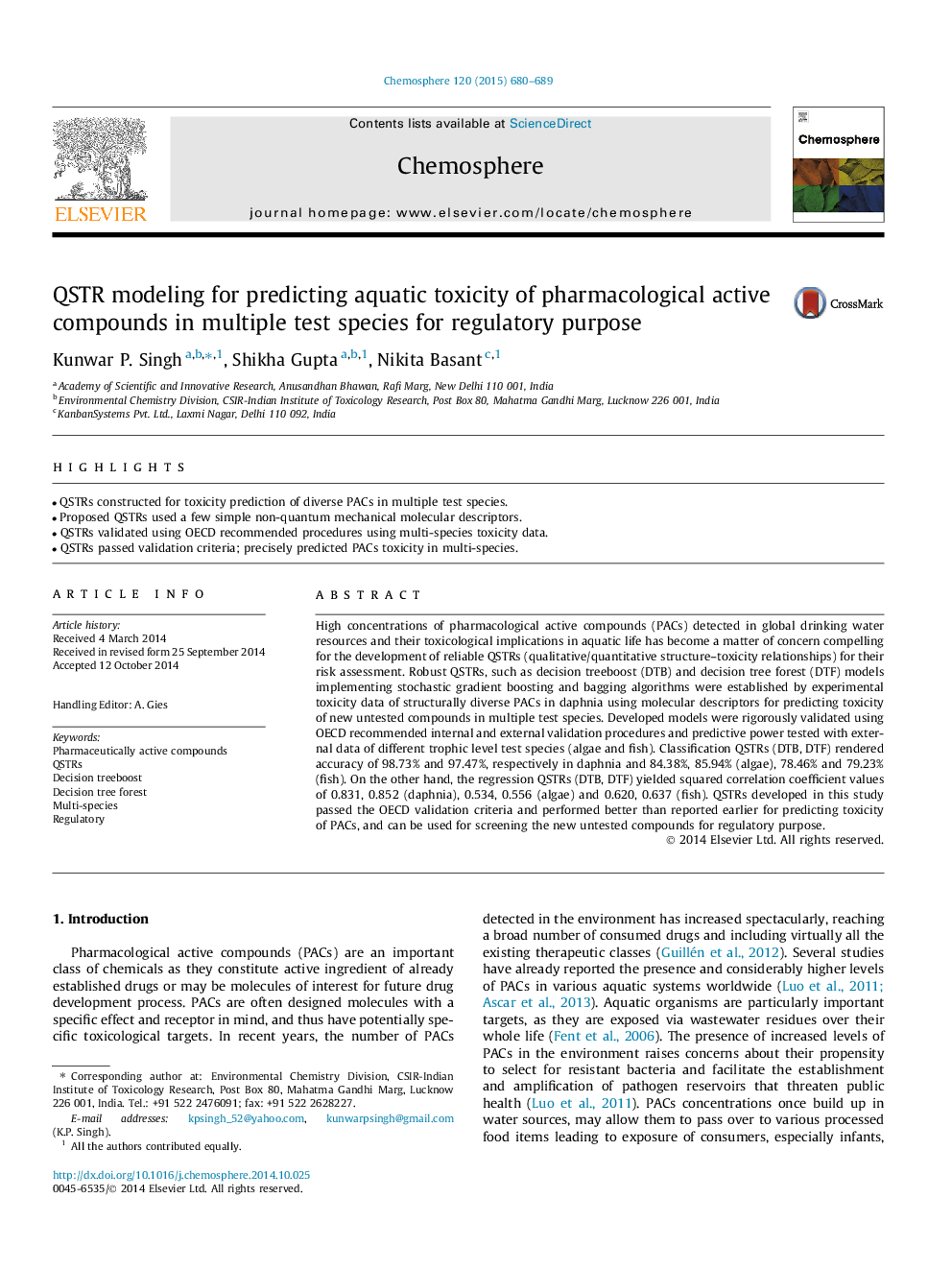 QSTR modeling for predicting aquatic toxicity of pharmacological active compounds in multiple test species for regulatory purpose