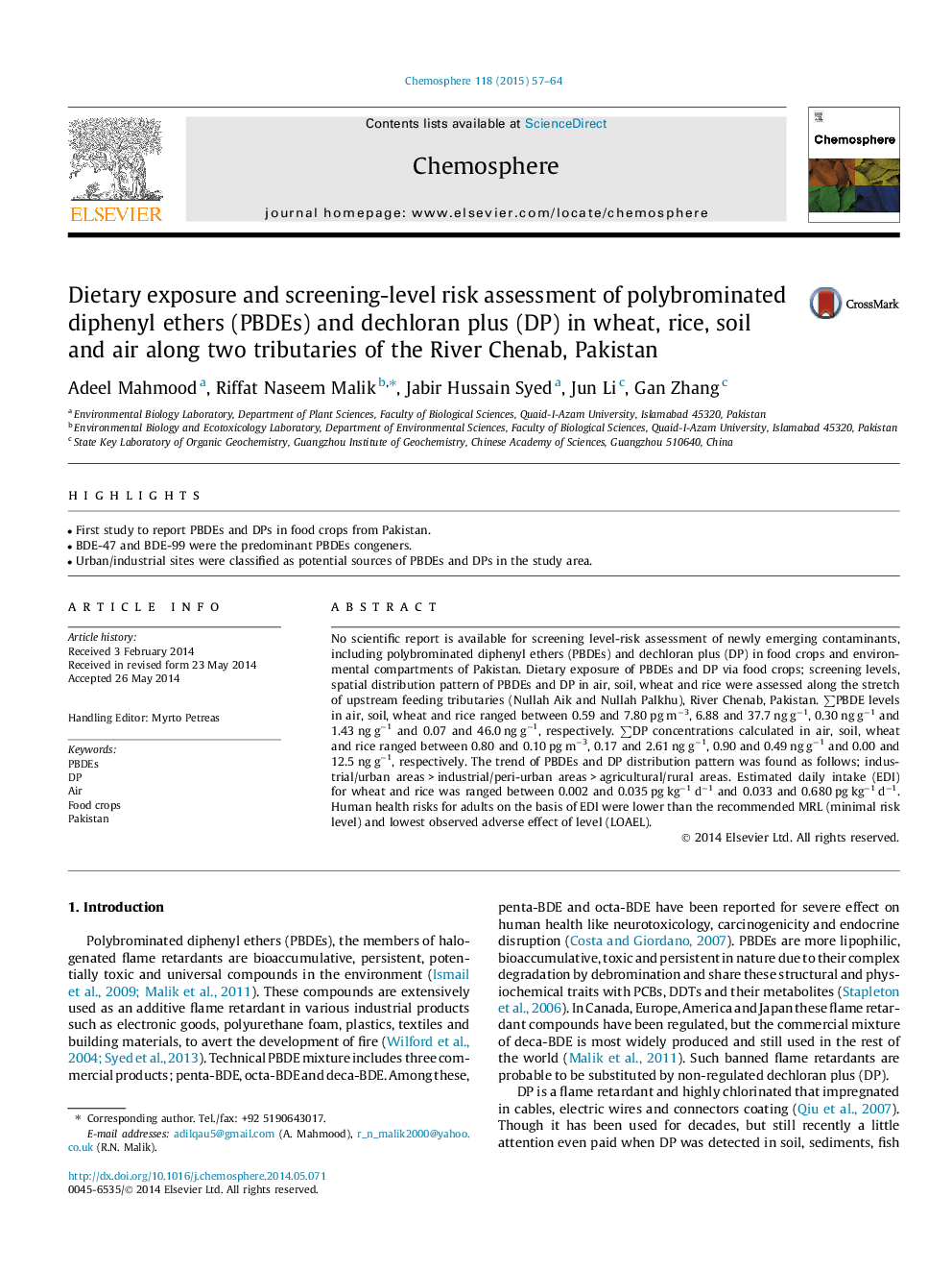 Dietary exposure and screening-level risk assessment of polybrominated diphenyl ethers (PBDEs) and dechloran plus (DP) in wheat, rice, soil and air along two tributaries of the River Chenab, Pakistan