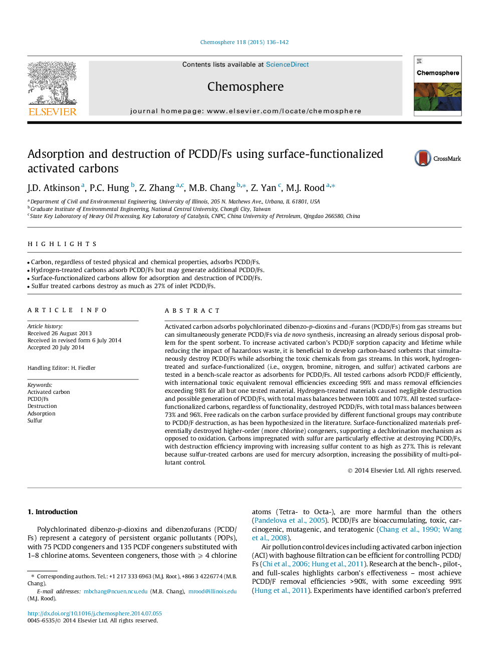 Adsorption and destruction of PCDD/Fs using surface-functionalized activated carbons