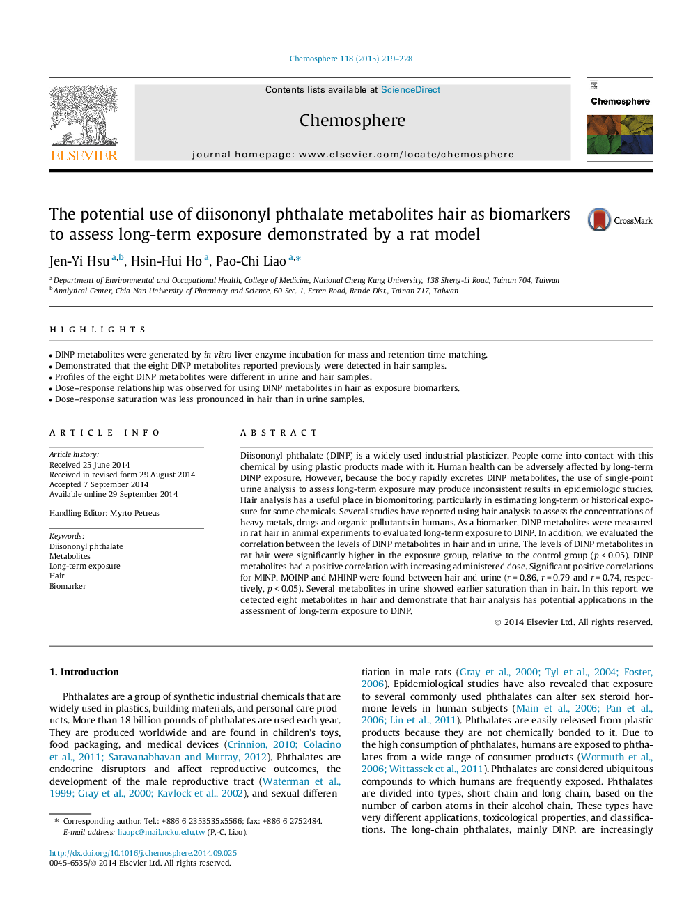 The potential use of diisononyl phthalate metabolites hair as biomarkers to assess long-term exposure demonstrated by a rat model