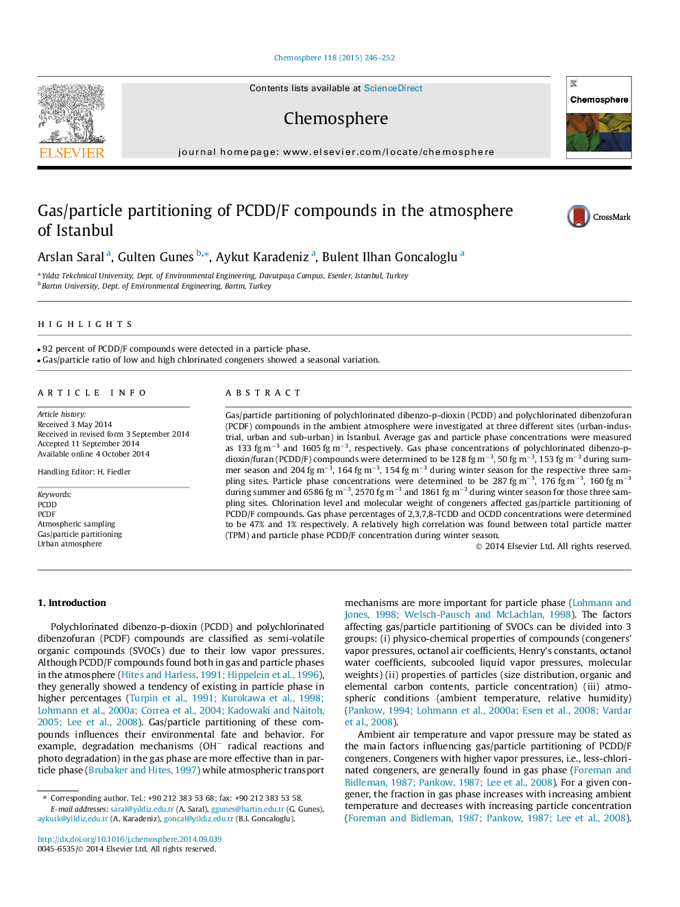 Gas/particle partitioning of PCDD/F compounds in the atmosphere of Istanbul