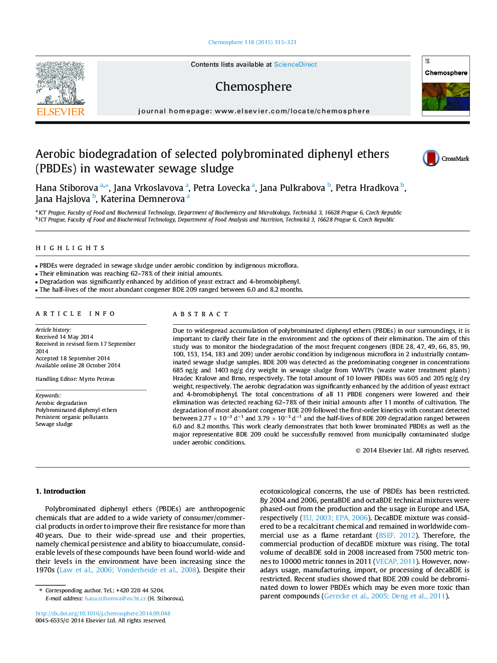 Aerobic biodegradation of selected polybrominated diphenyl ethers (PBDEs) in wastewater sewage sludge