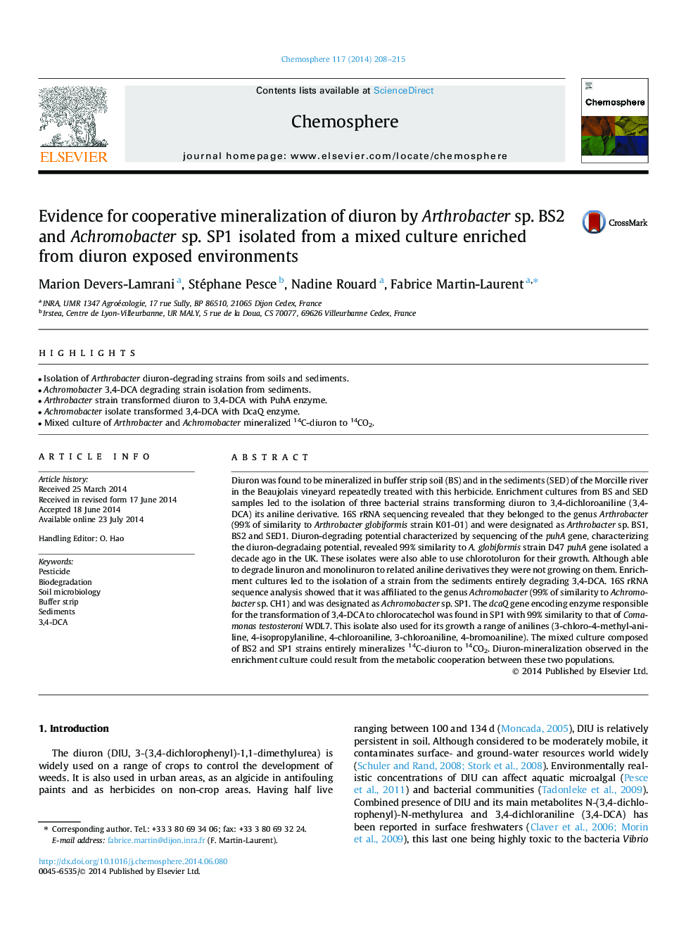 Evidence for cooperative mineralization of diuron by Arthrobacter sp. BS2 and Achromobacter sp. SP1 isolated from a mixed culture enriched from diuron exposed environments