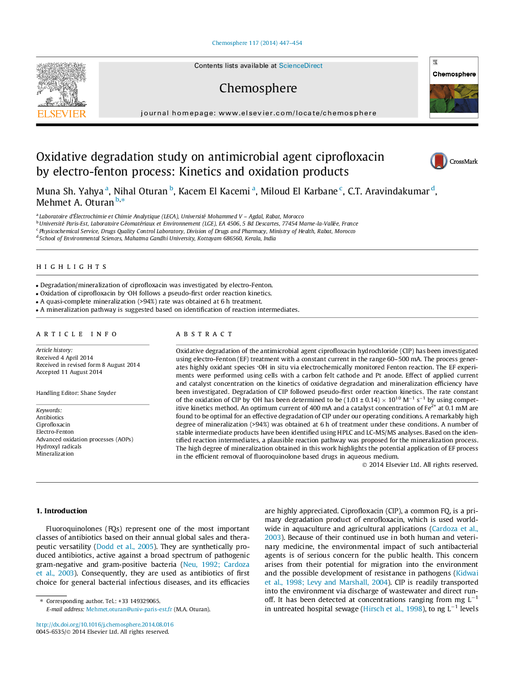 Oxidative degradation study on antimicrobial agent ciprofloxacin by electro-fenton process: Kinetics and oxidation products