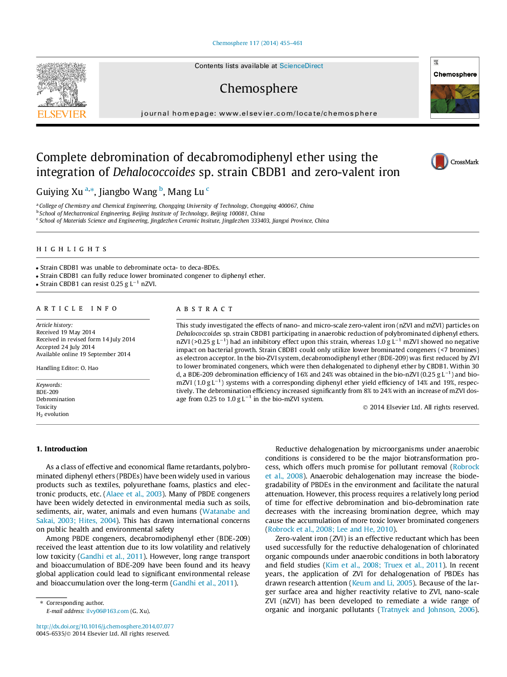 Complete debromination of decabromodiphenyl ether using the integration of Dehalococcoides sp. strain CBDB1 and zero-valent iron