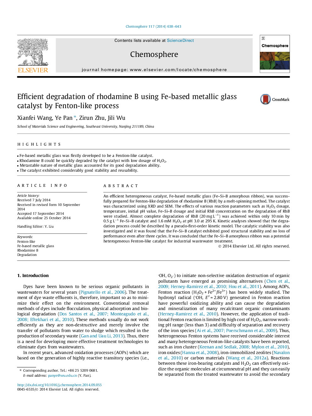 Efficient degradation of rhodamine B using Fe-based metallic glass catalyst by Fenton-like process