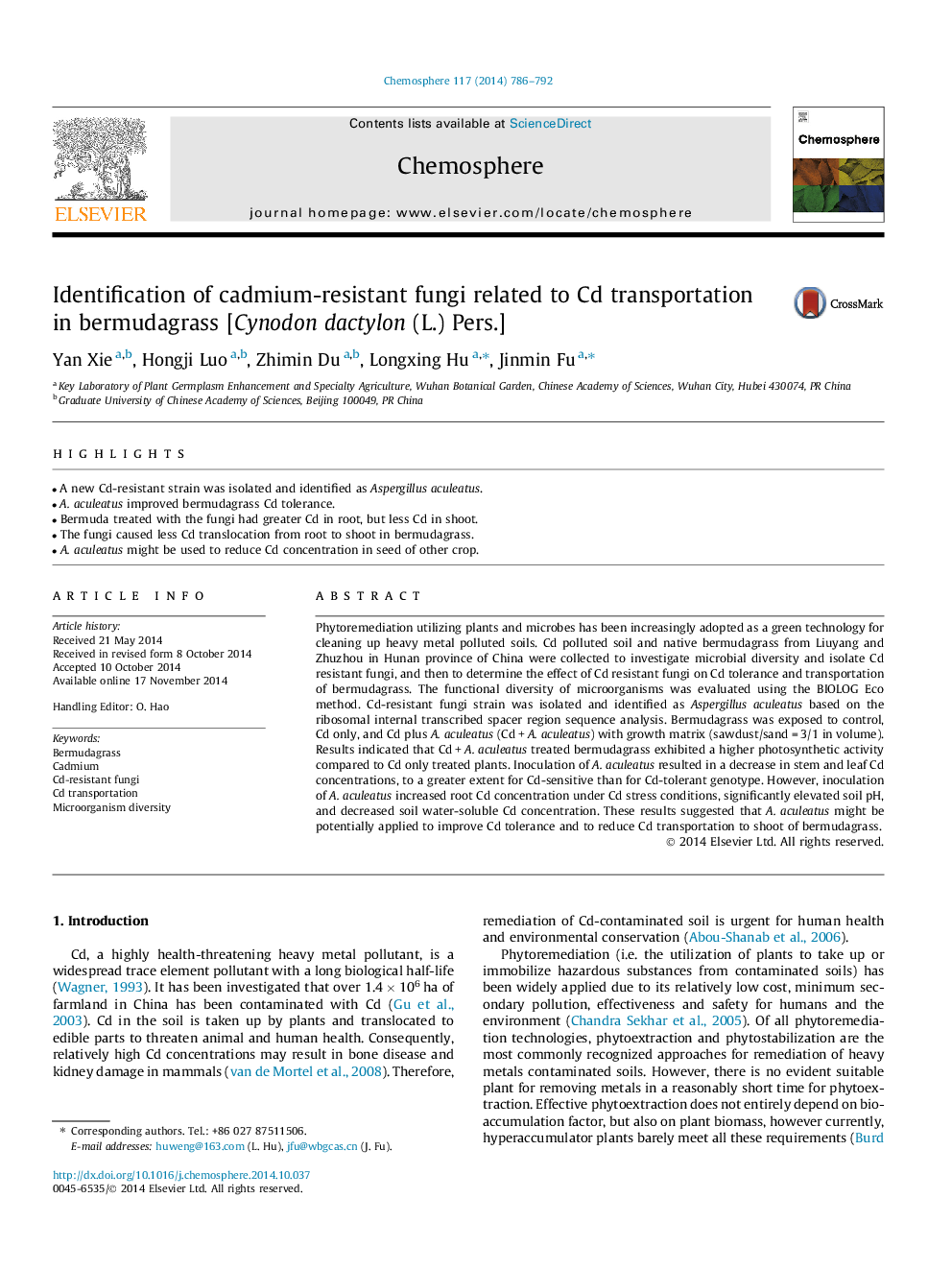 Identification of cadmium-resistant fungi related to Cd transportation in bermudagrass [Cynodon dactylon (L.) Pers.]