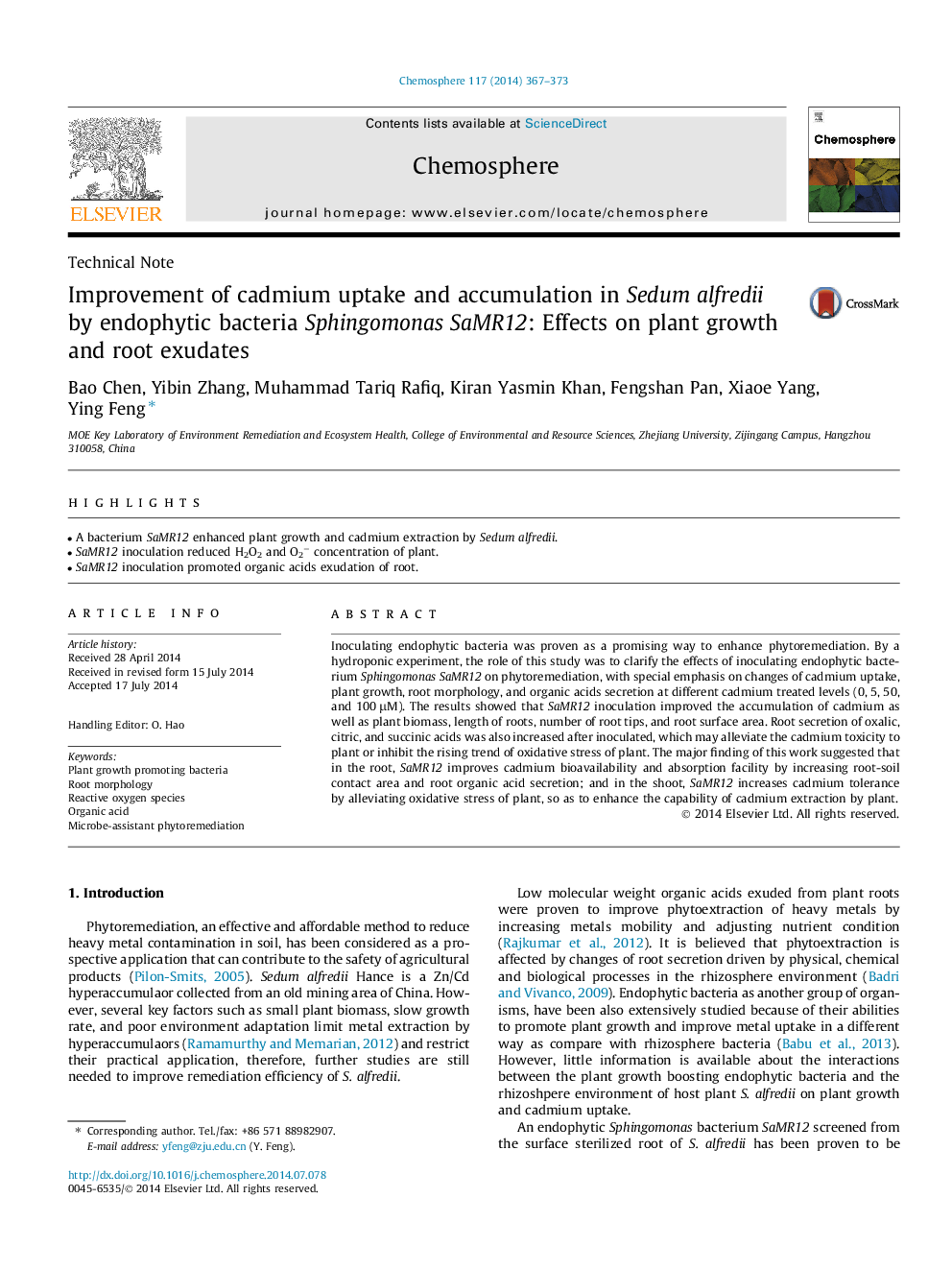 Improvement of cadmium uptake and accumulation in Sedum alfredii by endophytic bacteria Sphingomonas SaMR12: Effects on plant growth and root exudates