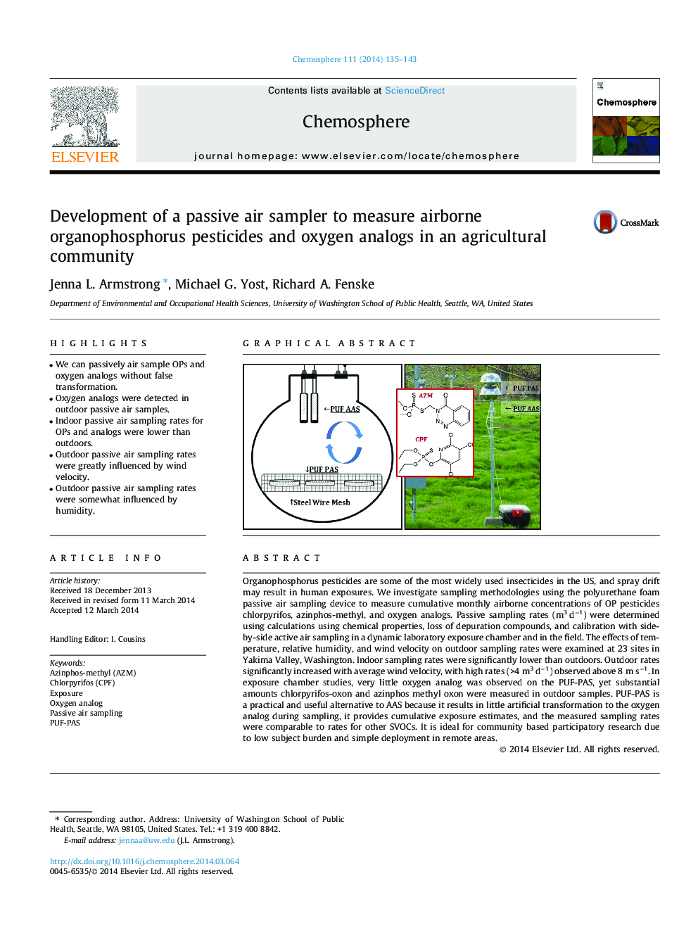 Development of a passive air sampler to measure airborne organophosphorus pesticides and oxygen analogs in an agricultural community