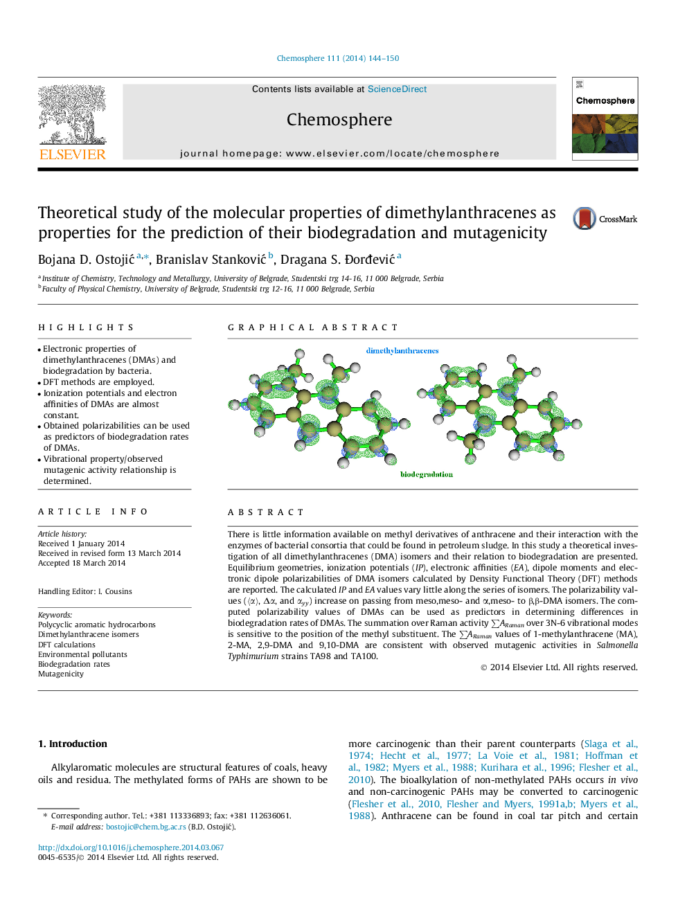 بررسی نظری خواص مولکولی دی متیلانتراکراتین به عنوان خواص برای پیش بینی تجزیه زیستی و جهش زایی 