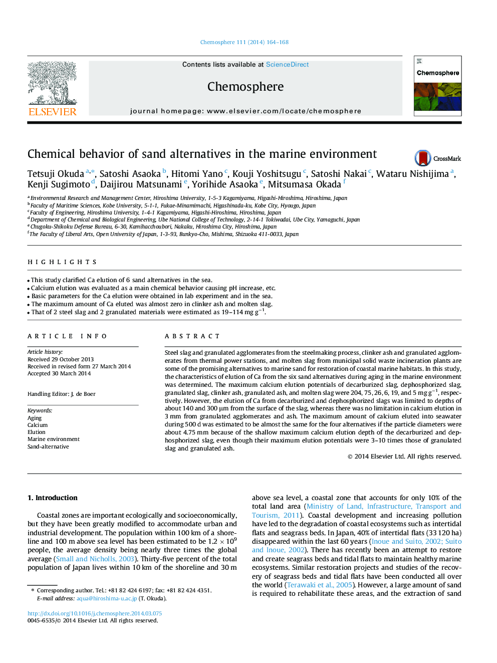 Chemical behavior of sand alternatives in the marine environment