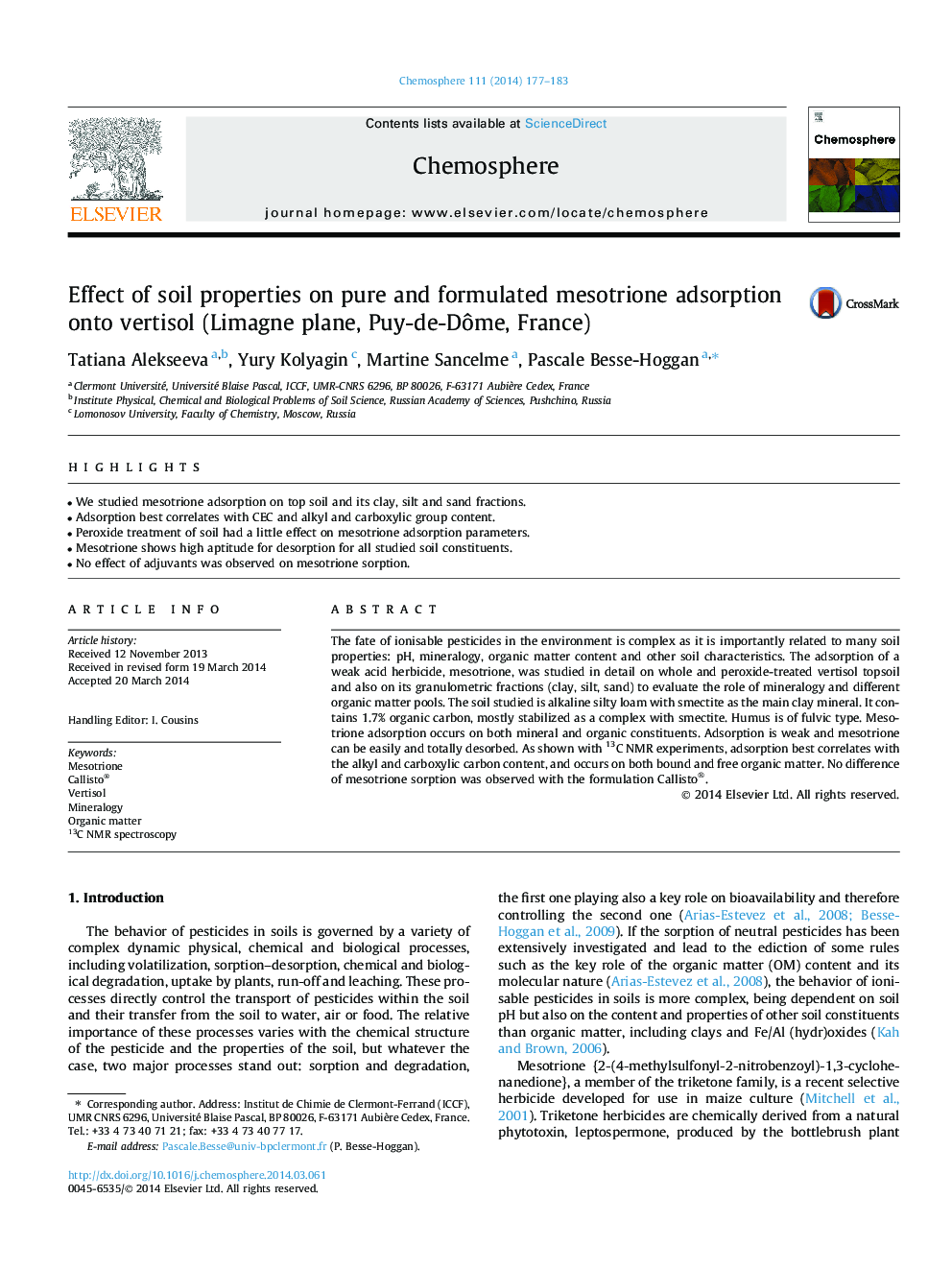 Effect of soil properties on pure and formulated mesotrione adsorption onto vertisol (Limagne plane, Puy-de-DÃ´me, France)