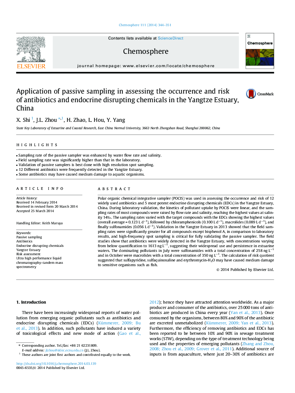 Application of passive sampling in assessing the occurrence and risk of antibiotics and endocrine disrupting chemicals in the Yangtze Estuary, China