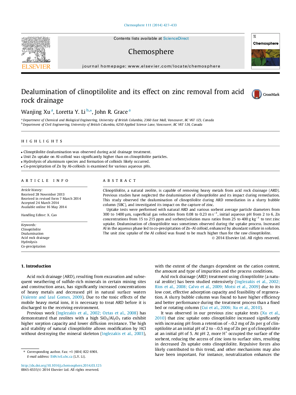 Dealumination of clinoptilolite and its effect on zinc removal from acid rock drainage