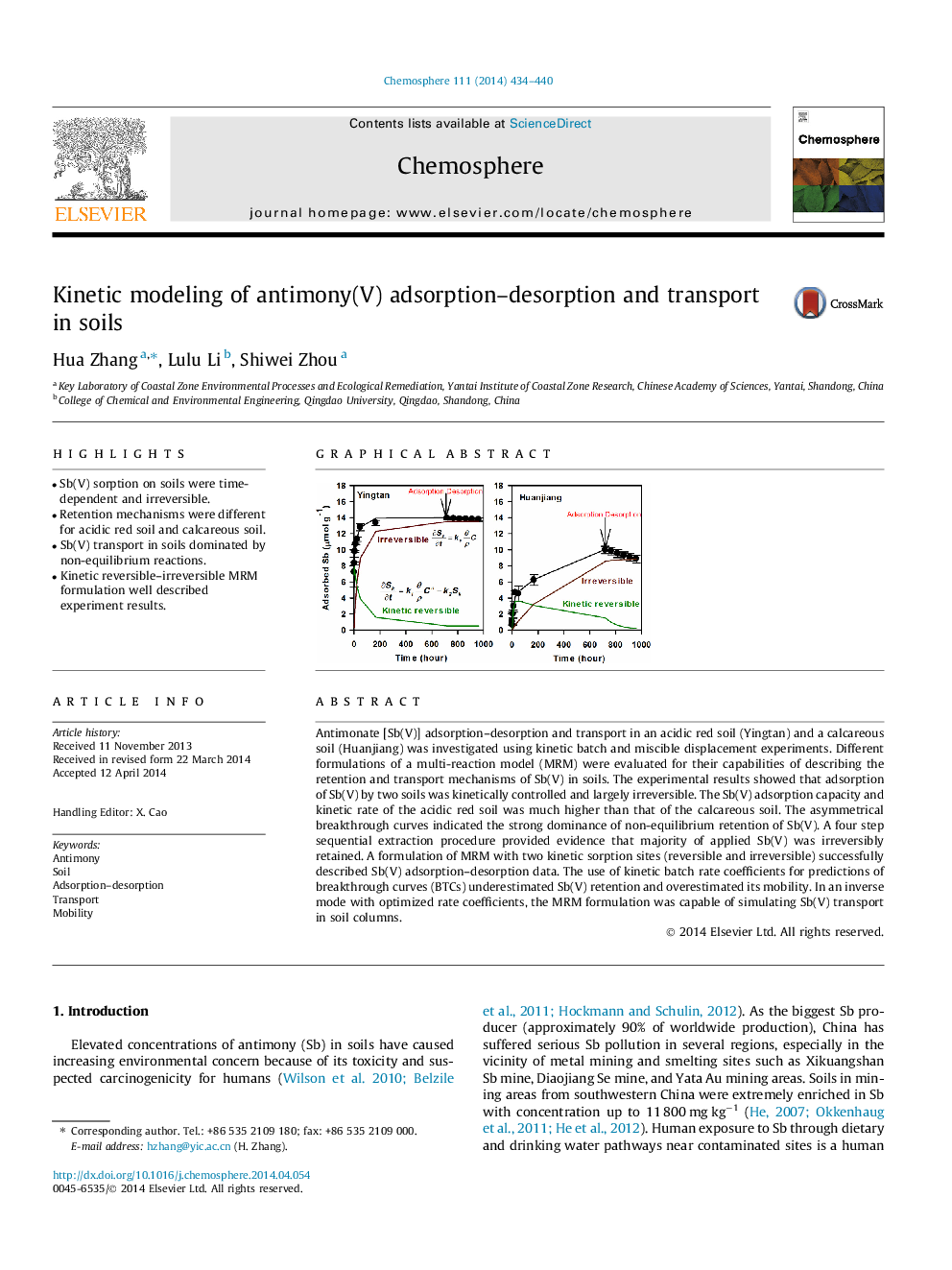 Kinetic modeling of antimony(V) adsorption-desorption and transport in soils