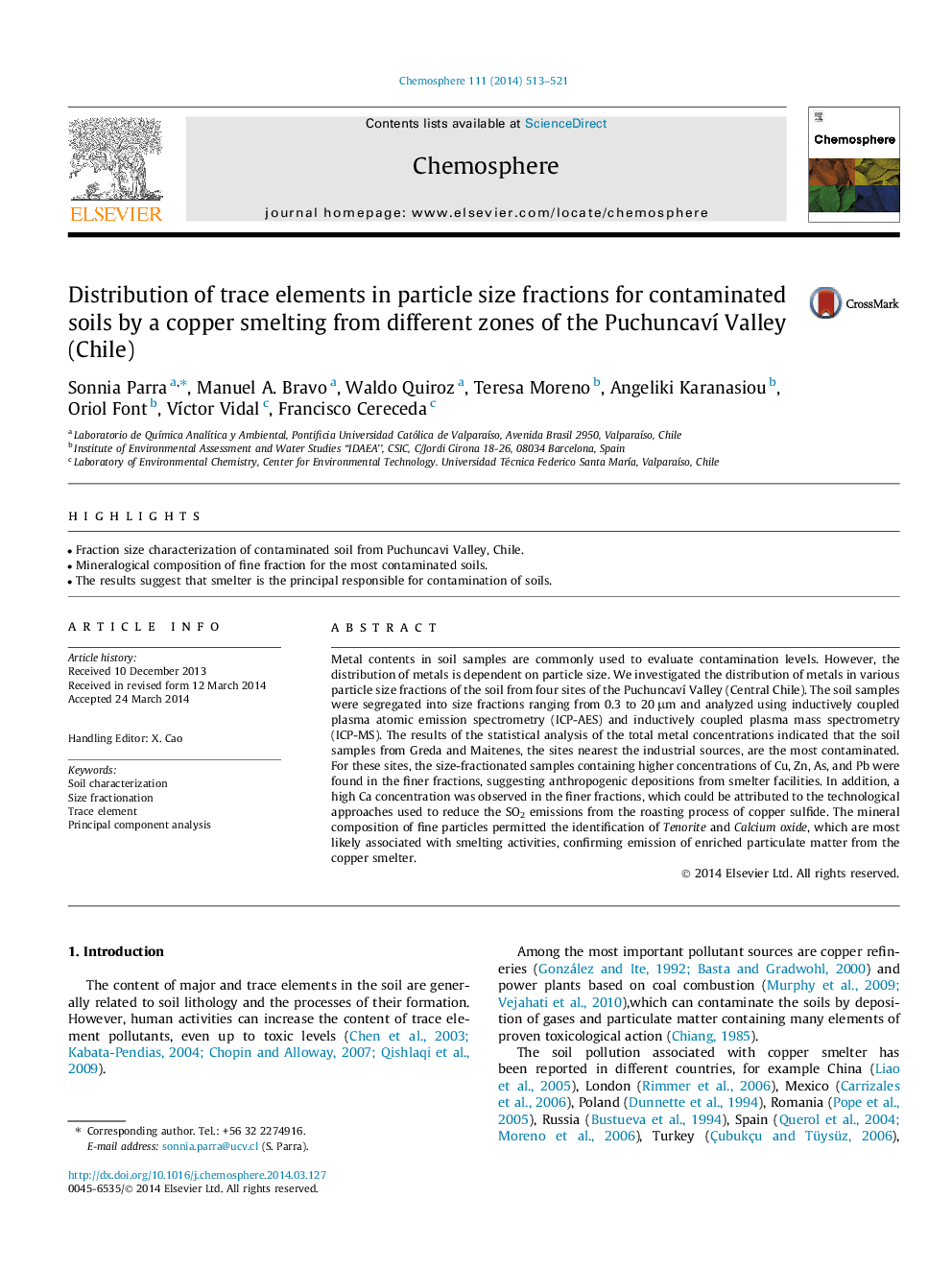 Distribution of trace elements in particle size fractions for contaminated soils by a copper smelting from different zones of the PuchuncavÃ­ Valley (Chile)