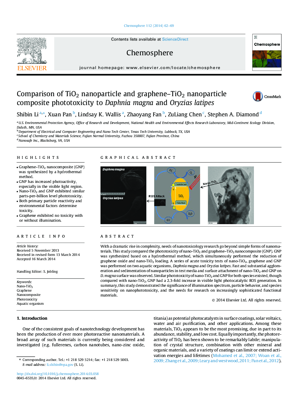 Comparison of TiO2 nanoparticle and graphene-TiO2 nanoparticle composite phototoxicity to Daphnia magna and Oryzias latipes