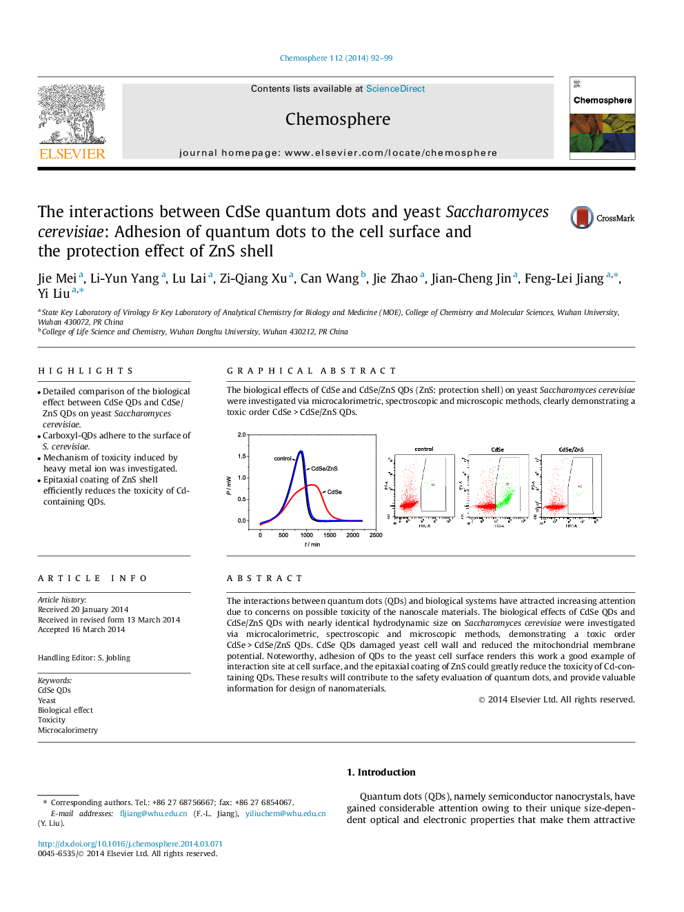 The interactions between CdSe quantum dots and yeast Saccharomyces cerevisiae: Adhesion of quantum dots to the cell surface and the protection effect of ZnS shell