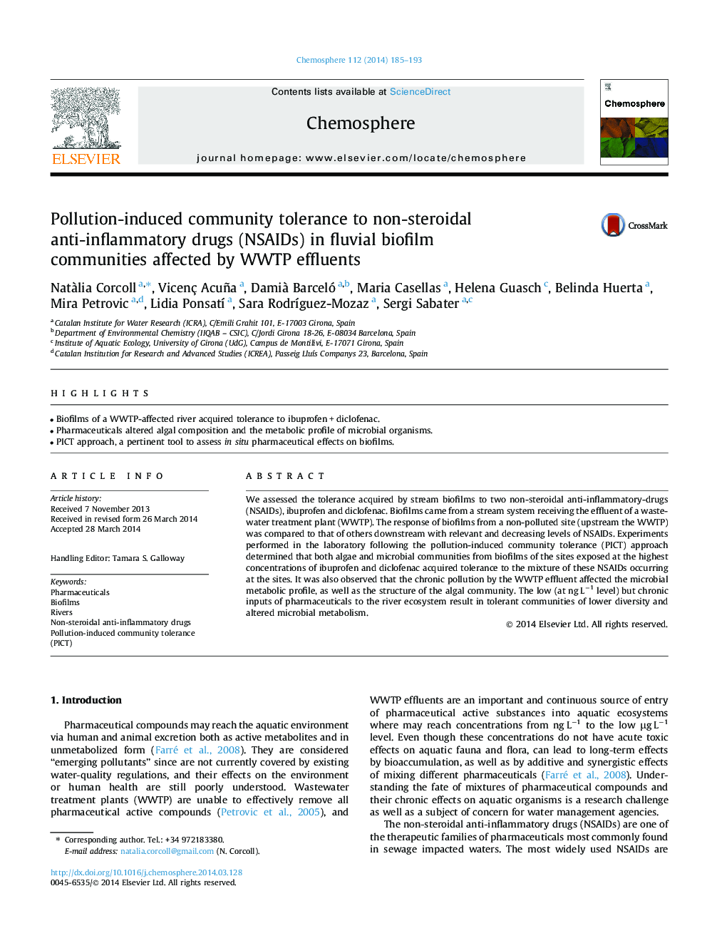 Pollution-induced community tolerance to non-steroidal anti-inflammatory drugs (NSAIDs) in fluvial biofilm communities affected by WWTP effluents