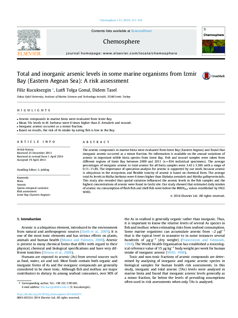 Total and inorganic arsenic levels in some marine organisms from Izmir Bay (Eastern Aegean Sea): A risk assessment