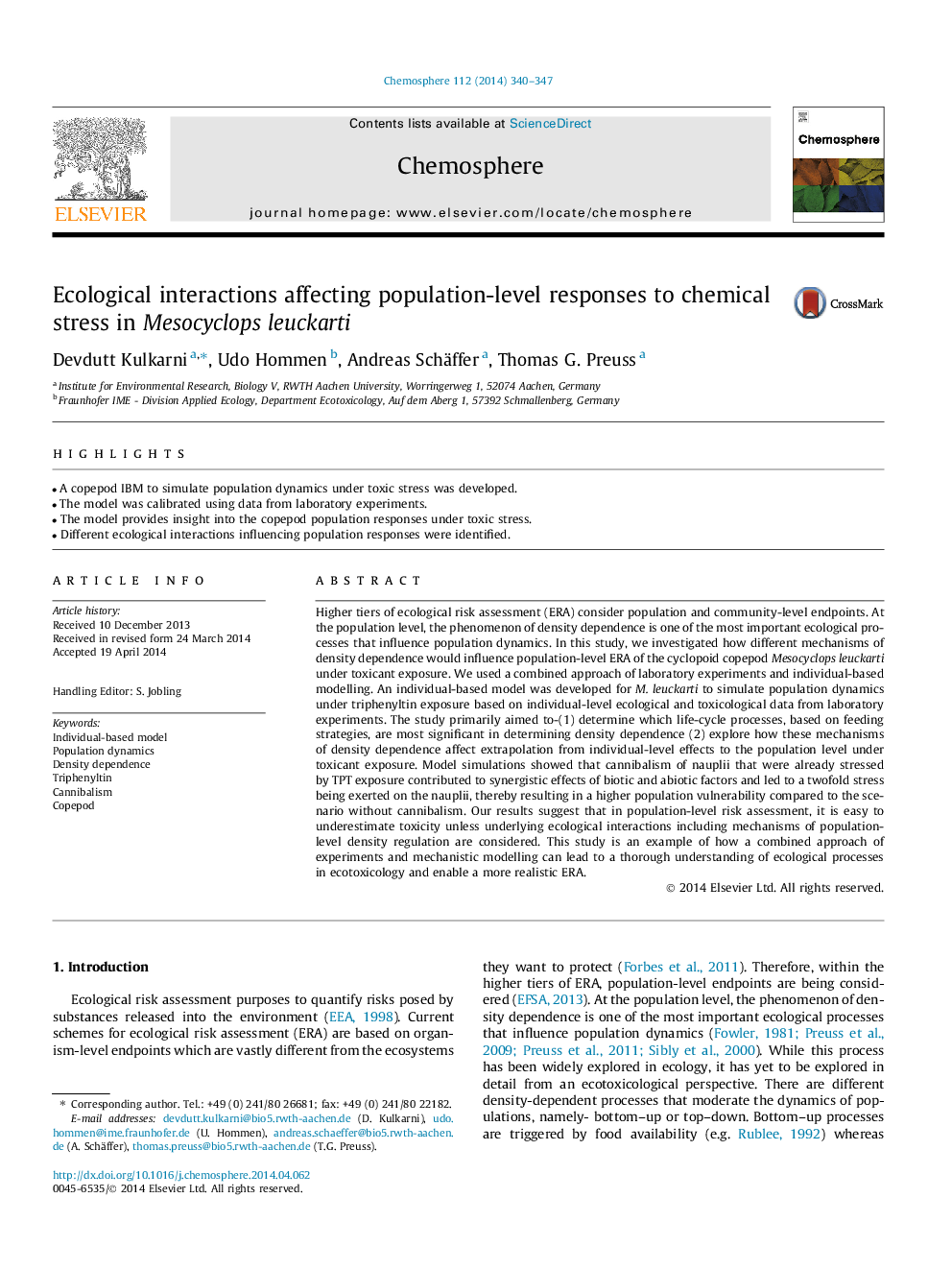 Ecological interactions affecting population-level responses to chemical stress in Mesocyclops leuckarti