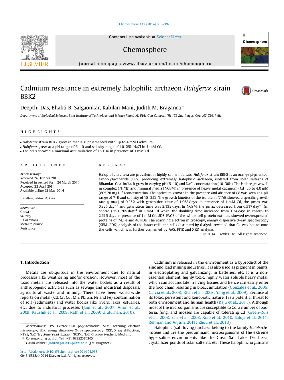 Cadmium resistance in extremely halophilic archaeon Haloferax strain BBK2