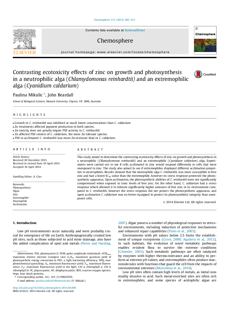 Contrasting ecotoxicity effects of zinc on growth and photosynthesis in a neutrophilic alga (Chlamydomonas reinhardtii) and an extremophilic alga (Cyanidium caldarium)