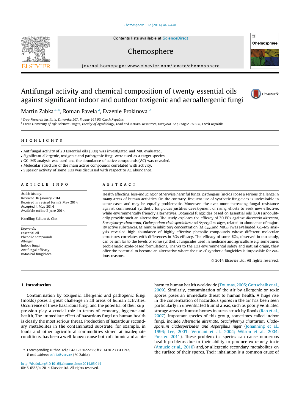 Antifungal activity and chemical composition of twenty essential oils against significant indoor and outdoor toxigenic and aeroallergenic fungi