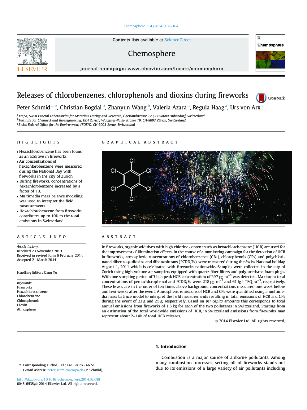 Releases of chlorobenzenes, chlorophenols and dioxins during fireworks