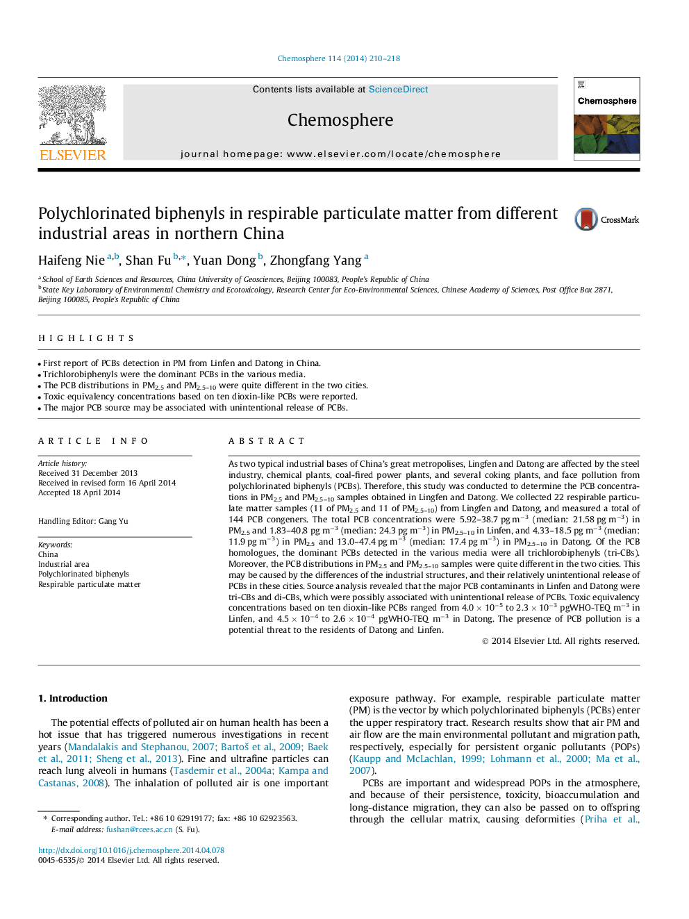 Polychlorinated biphenyls in respirable particulate matter from different industrial areas in northern China