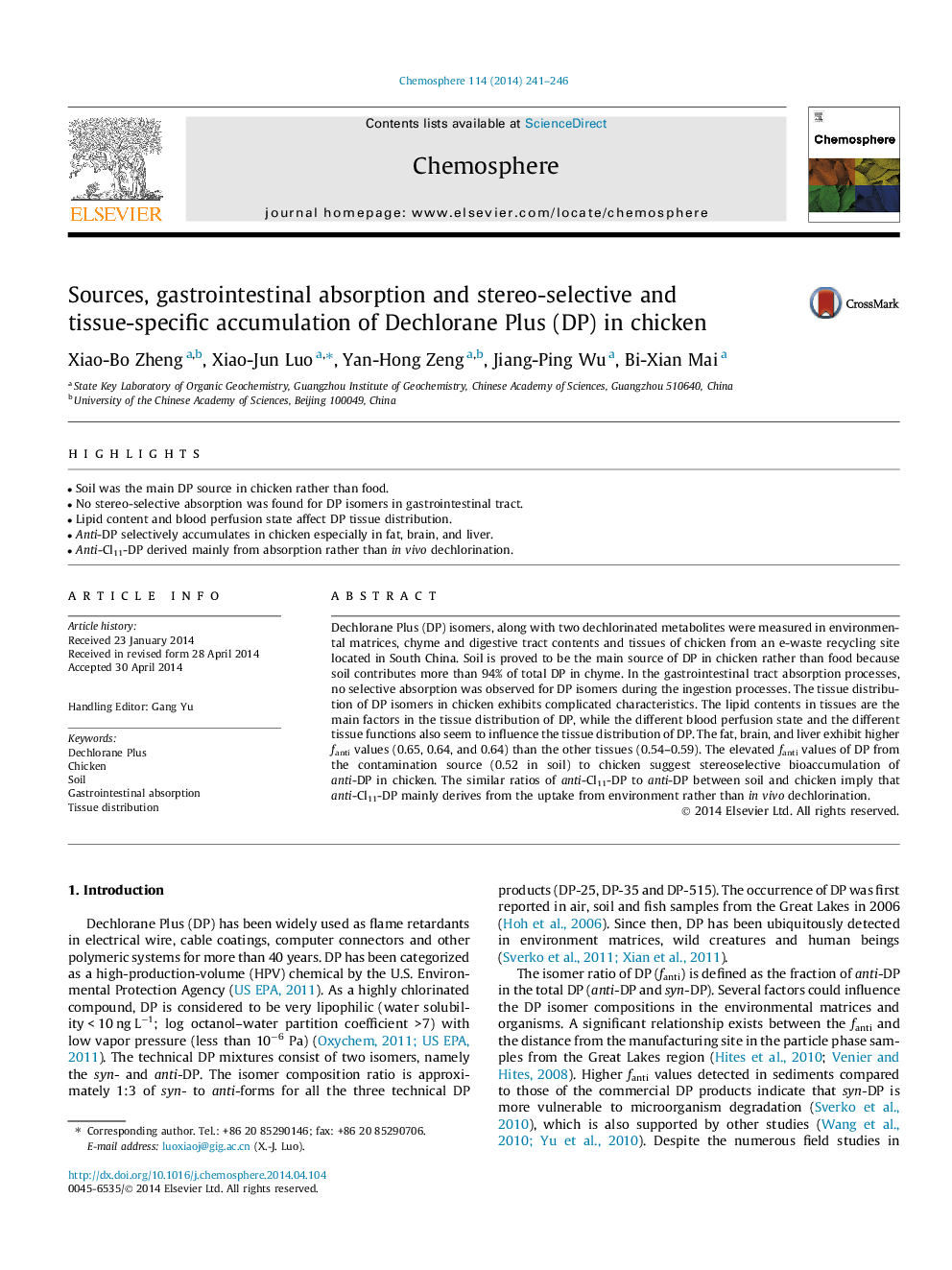 Sources, gastrointestinal absorption and stereo-selective and tissue-specific accumulation of Dechlorane Plus (DP) in chicken