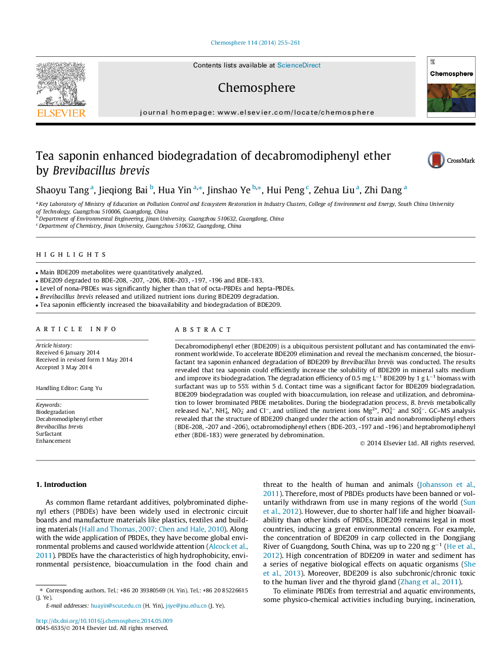 Tea saponin enhanced biodegradation of decabromodiphenyl ether by Brevibacillus brevis