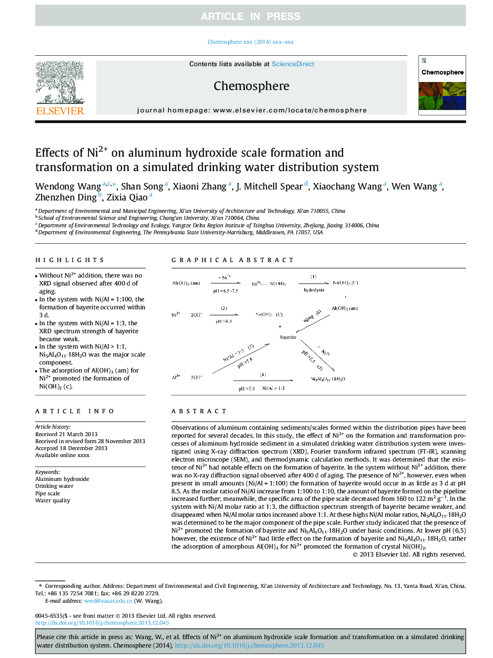 Effects of Ni2+ on aluminum hydroxide scale formation and transformation on a simulated drinking water distribution system