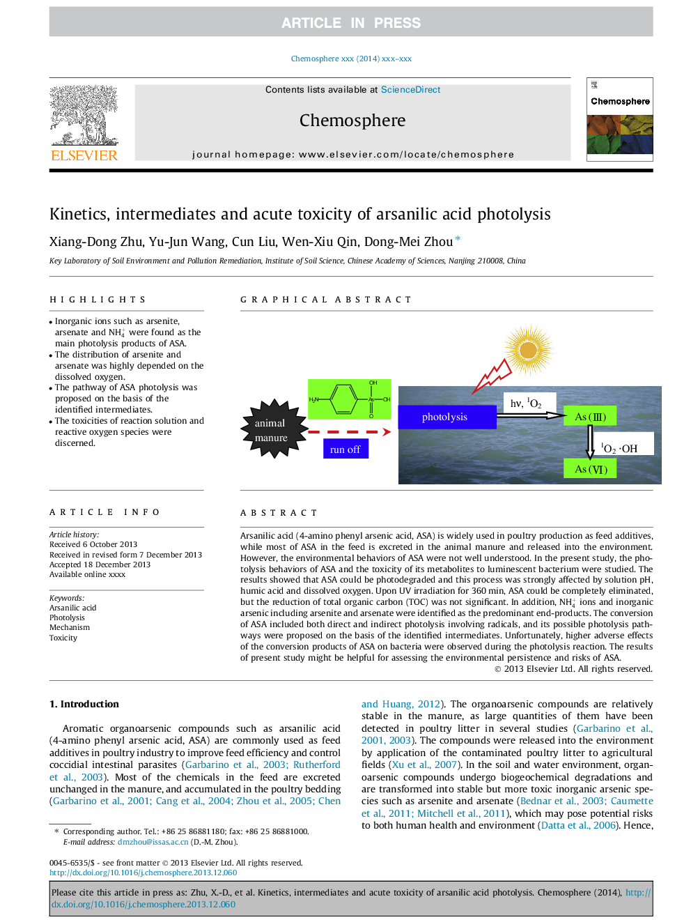 Kinetics, intermediates and acute toxicity of arsanilic acid photolysis