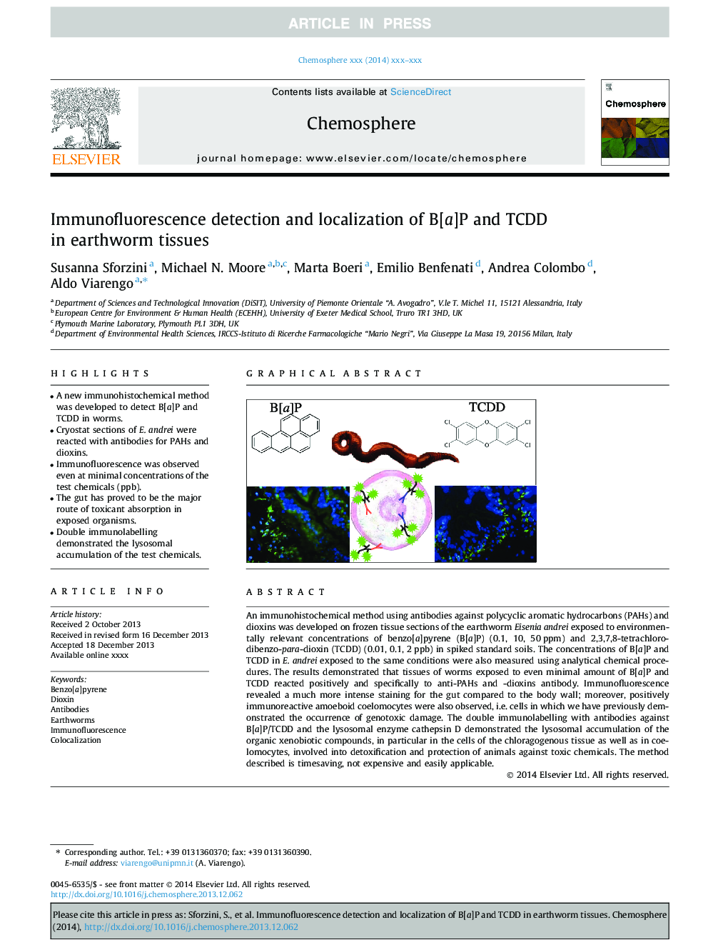 Immunofluorescence detection and localization of B[a]P and TCDD in earthworm tissues