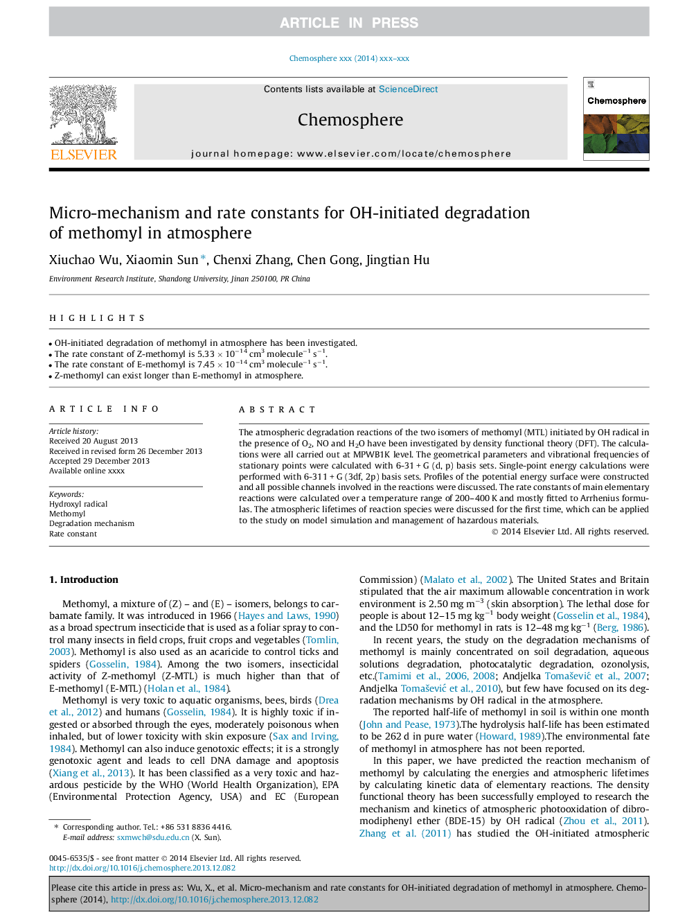 Micro-mechanism and rate constants for OH-initiated degradation of methomyl in atmosphere