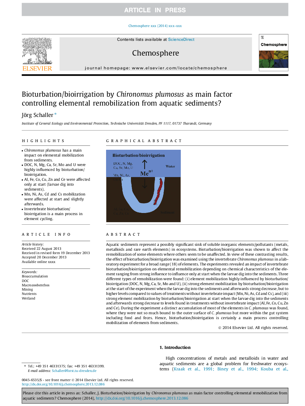 Bioturbation/bioirrigation by Chironomus plumosus as main factor controlling elemental remobilization from aquatic sediments?