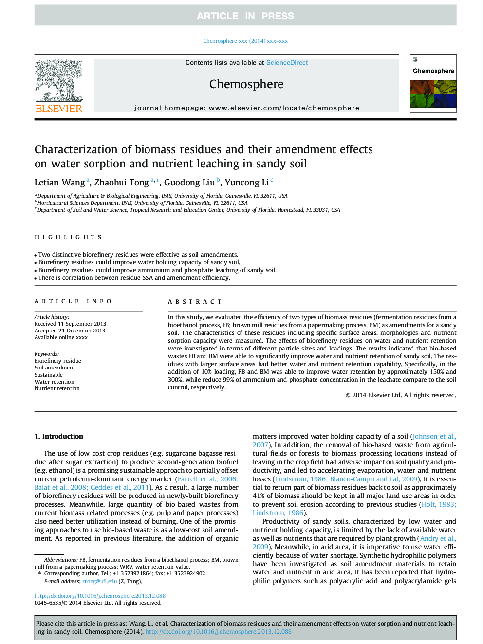 Characterization of biomass residues and their amendment effects on water sorption and nutrient leaching in sandy soil