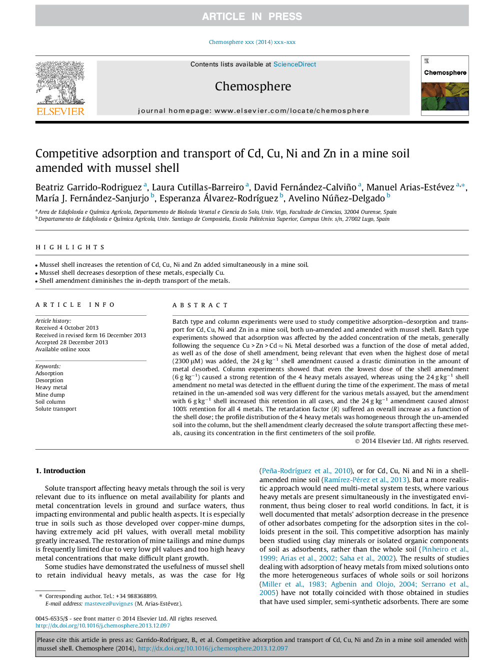 Competitive adsorption and transport of Cd, Cu, Ni and Zn in a mine soil amended with mussel shell