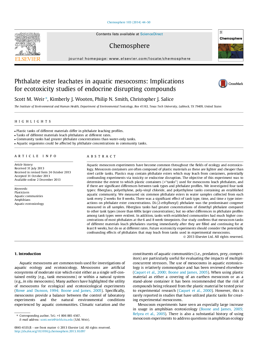 Phthalate ester leachates in aquatic mesocosms: Implications for ecotoxicity studies of endocrine disrupting compounds