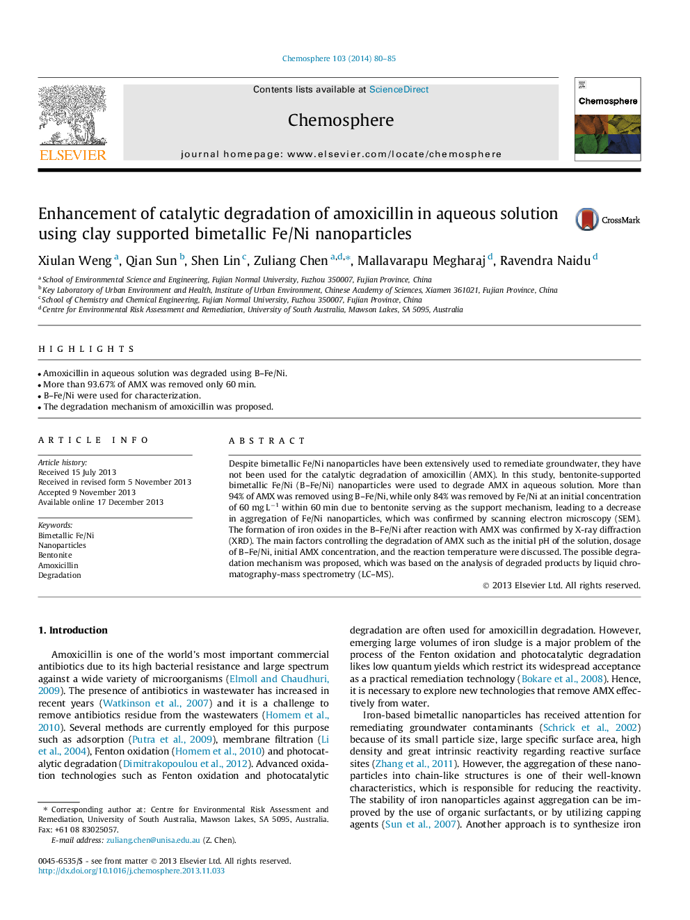 Enhancement of catalytic degradation of amoxicillin in aqueous solution using clay supported bimetallic Fe/Ni nanoparticles