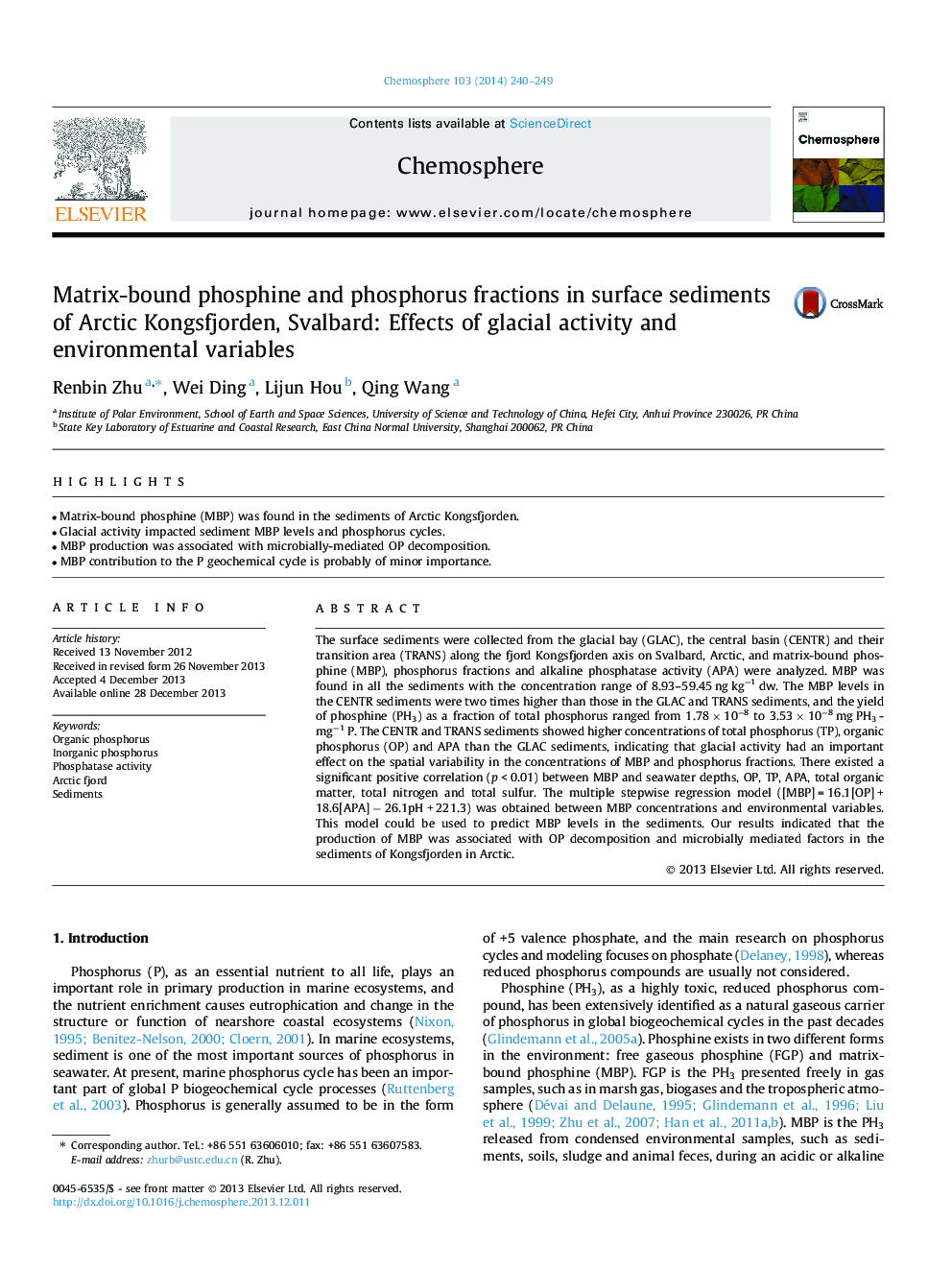 Matrix-bound phosphine and phosphorus fractions in surface sediments of Arctic Kongsfjorden, Svalbard: Effects of glacial activity and environmental variables