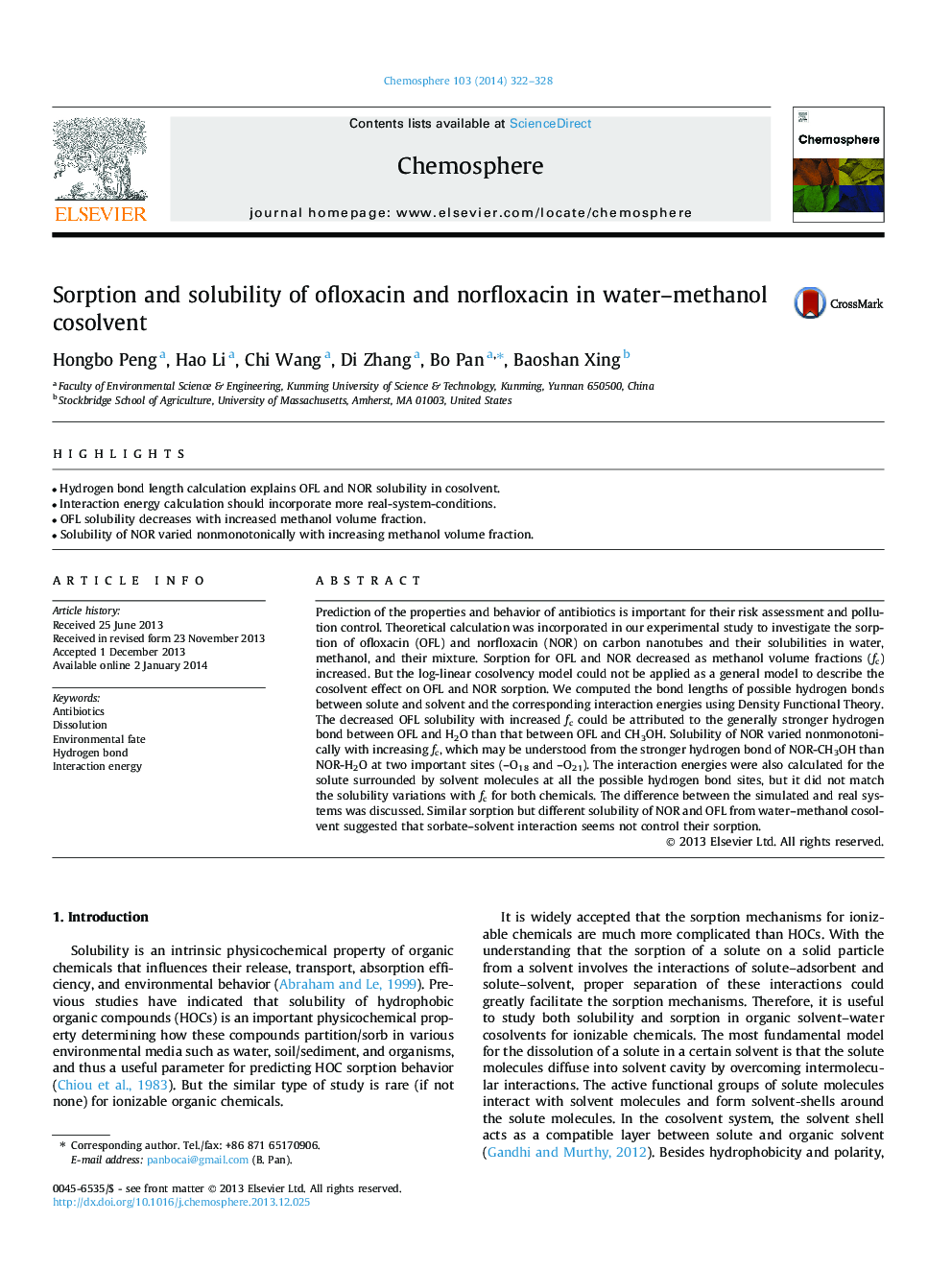 Sorption and solubility of ofloxacin and norfloxacin in water-methanol cosolvent