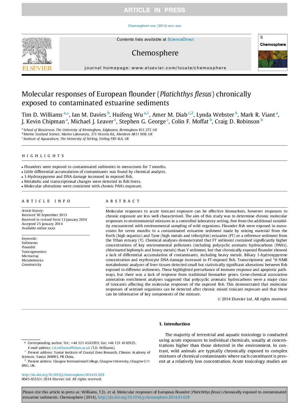 Molecular responses of European flounder (Platichthys flesus) chronically exposed to contaminated estuarine sediments