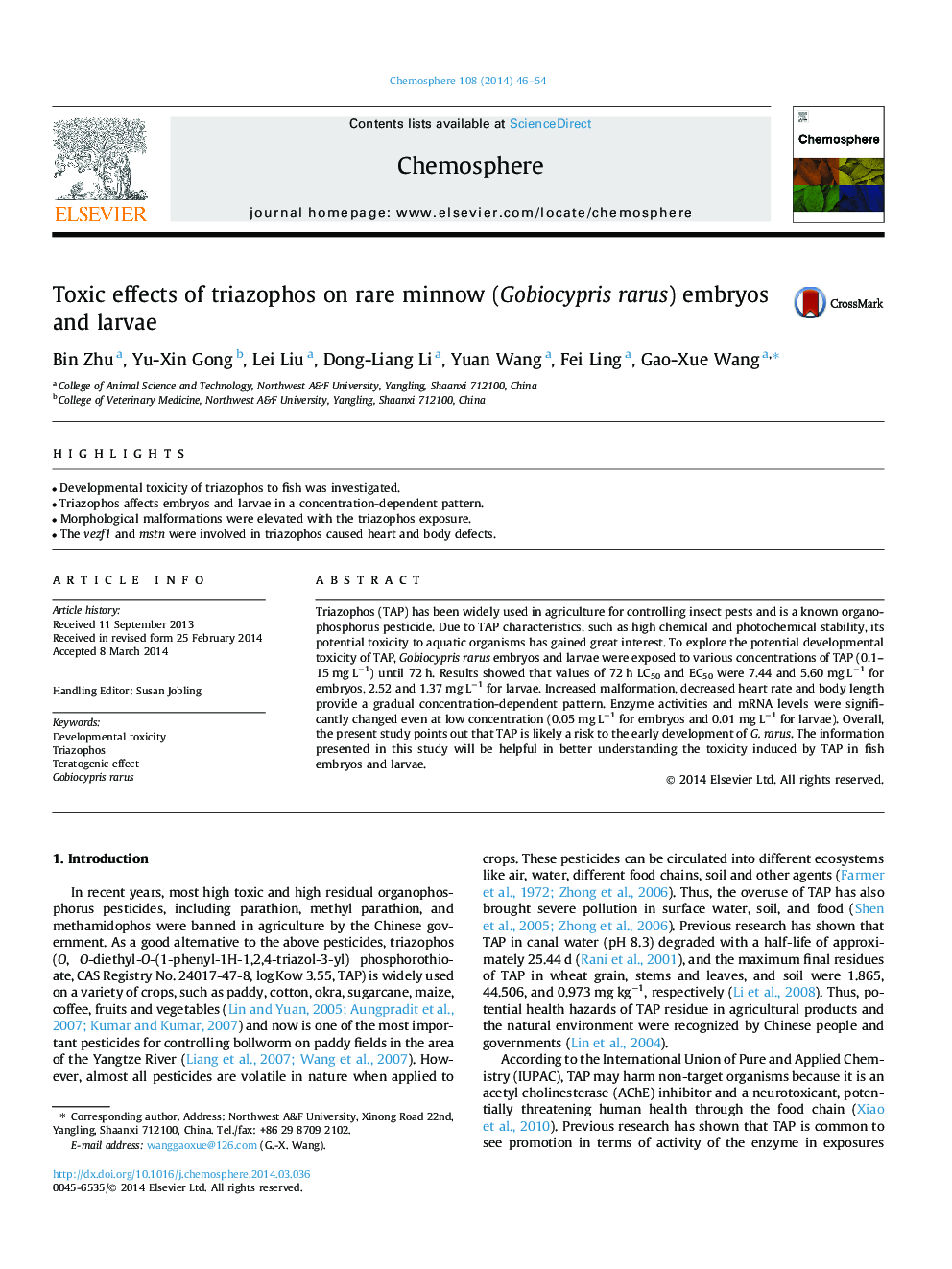 Toxic effects of triazophos on rare minnow (Gobiocypris rarus) embryos and larvae