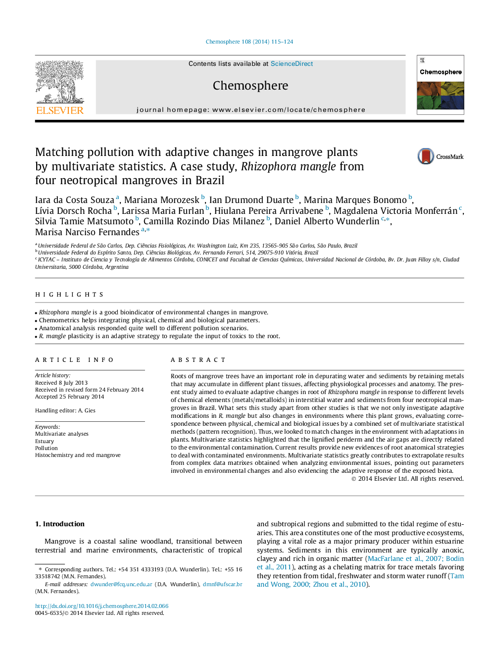 Matching pollution with adaptive changes in mangrove plants by multivariate statistics. A case study, Rhizophora mangle from four neotropical mangroves in Brazil